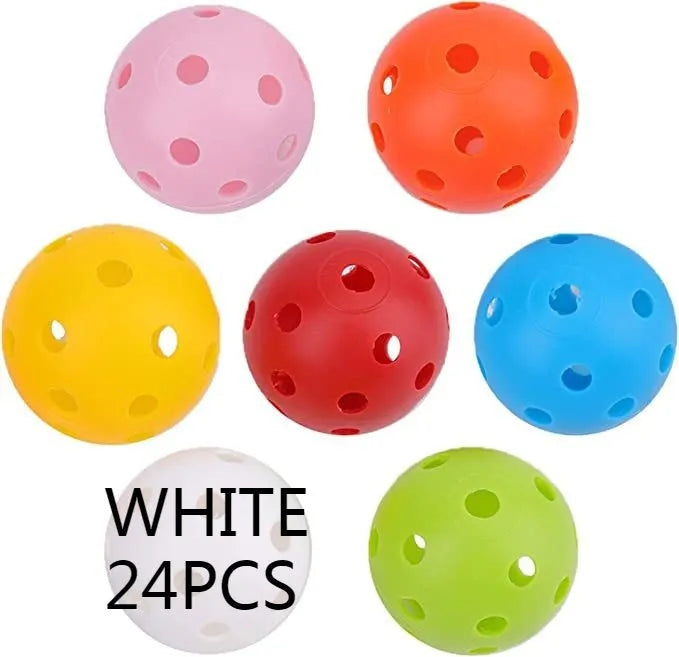 Multi-coloured golf practice balls in net storage pocket for putting training
