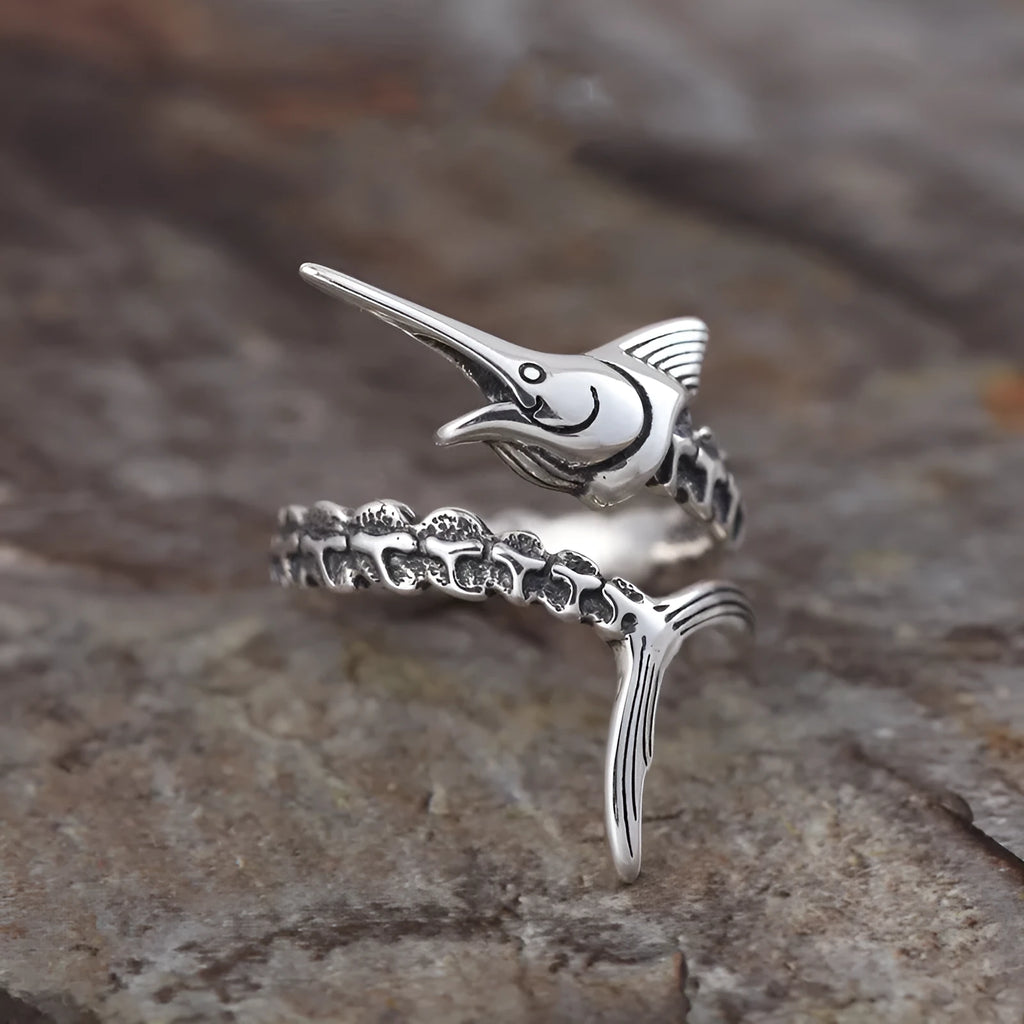 Retro silver fish ring with open mouth, zinc alloy, flying fish carp design