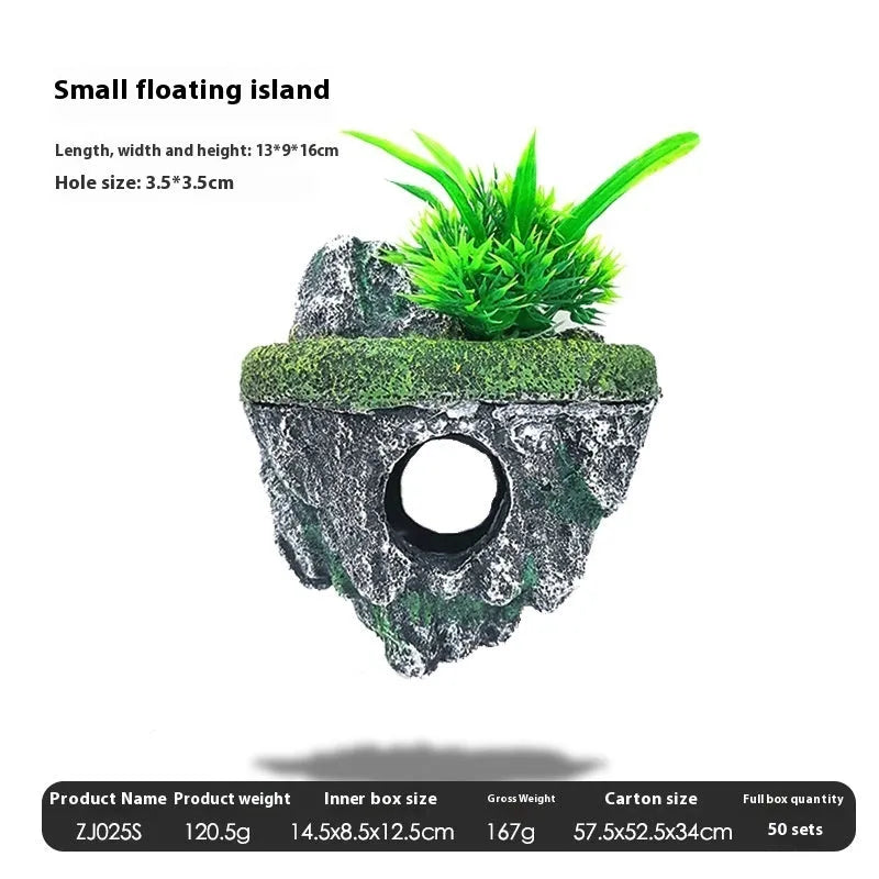 Medium resin fish tank landscaping suspended stone floating ornament with self-floating island option