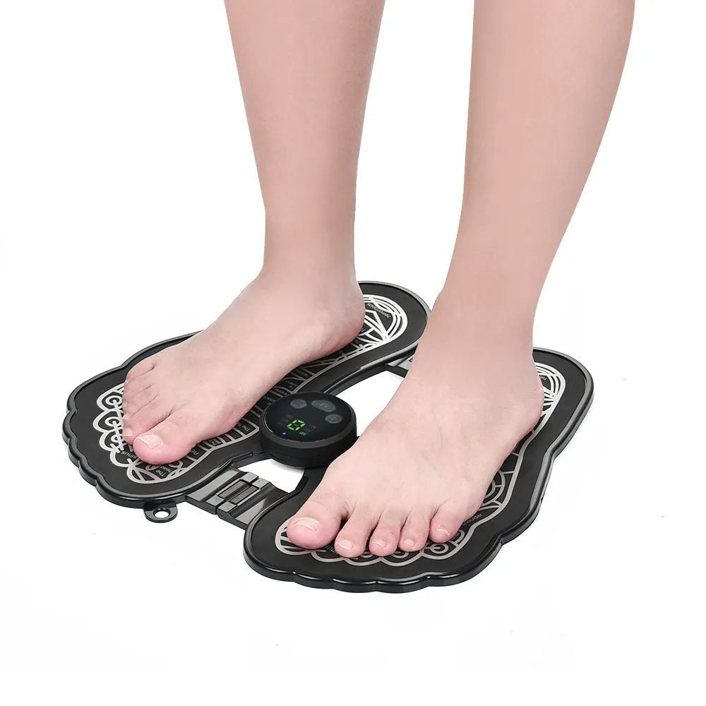 Black foldable EMS rechargeable foot massage mat with acupressure points, polypropylene, 30x29x1 cm