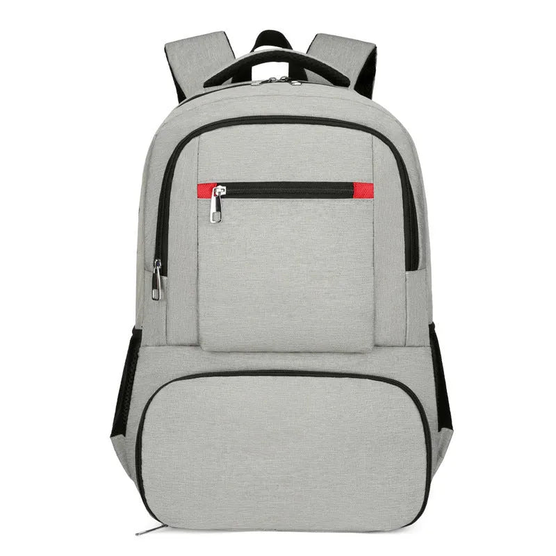 Insulated Oxford cloth picnic backpack in grey, showing main compartment and curved shoulder strap.