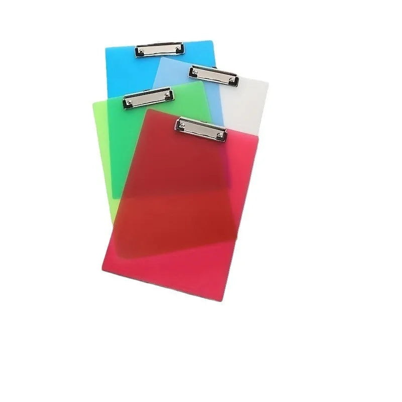 A4 transparent writing board pad with metal clip showing document display and writing surface