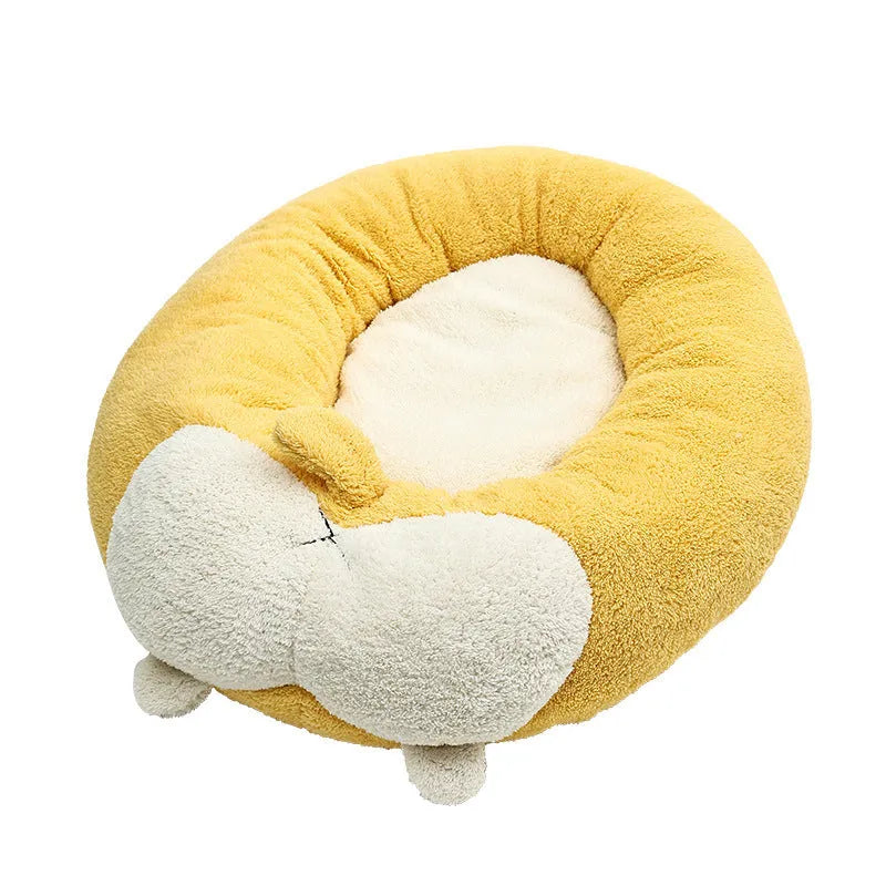 Corgi-shaped soft plush pet bed for dogs and cats, shown in three available sizes.