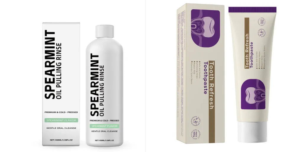 Spearmint oil pulling rinse set with mouthwash and toothpaste in a bathroom setting