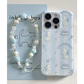 Blue and white striped cat lanyard phone case for Apple iPhone with fall protection