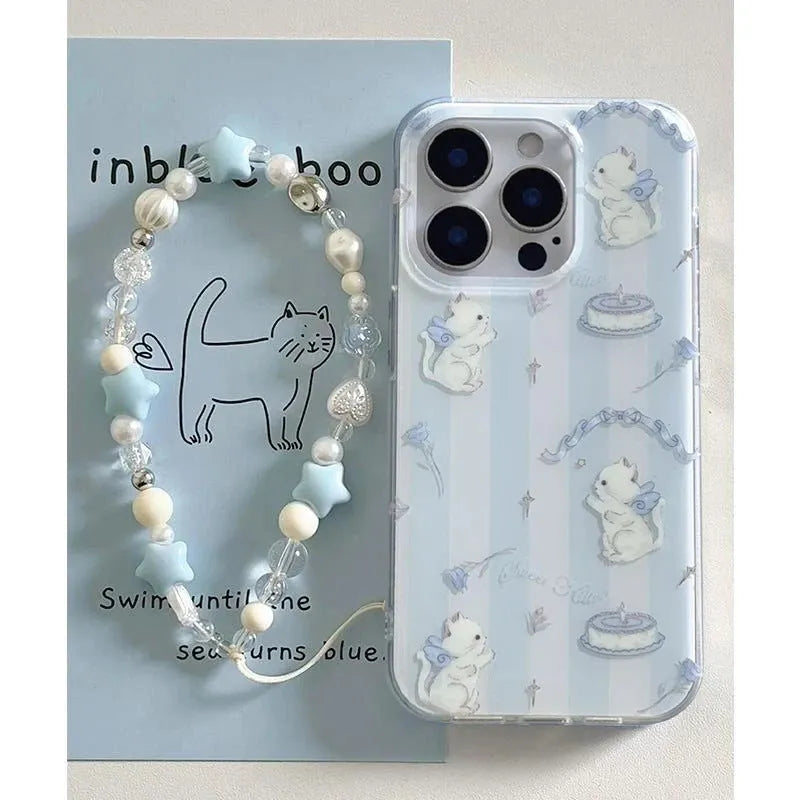 Blue and white striped cat lanyard phone case for Apple iPhone with fall protection