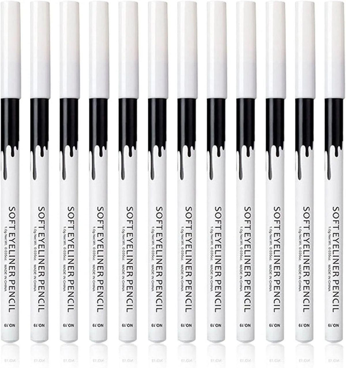 12-piece white and black waterproof eyeliner pencil set with retractable design and sharpener