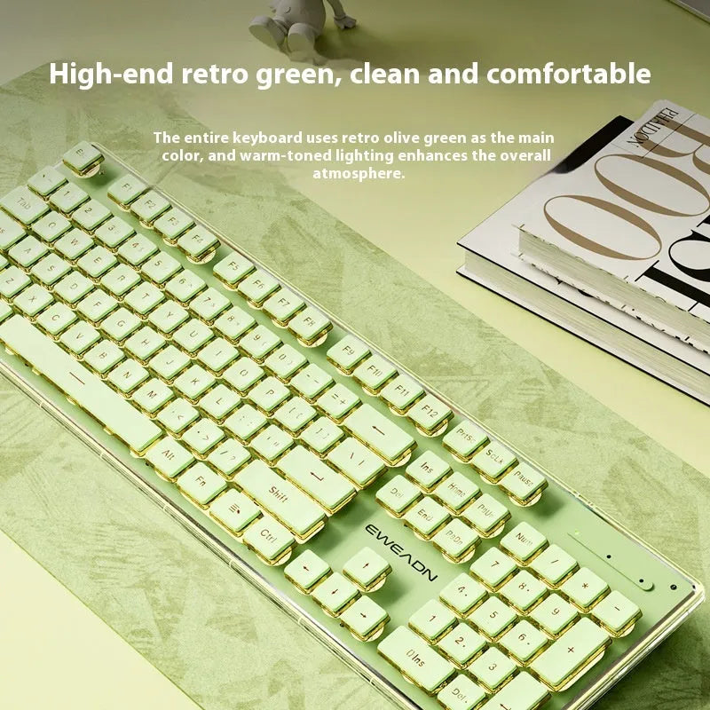 Prewalker V3 Retro Green silent mechanical keyboard and mouse set on a desk.