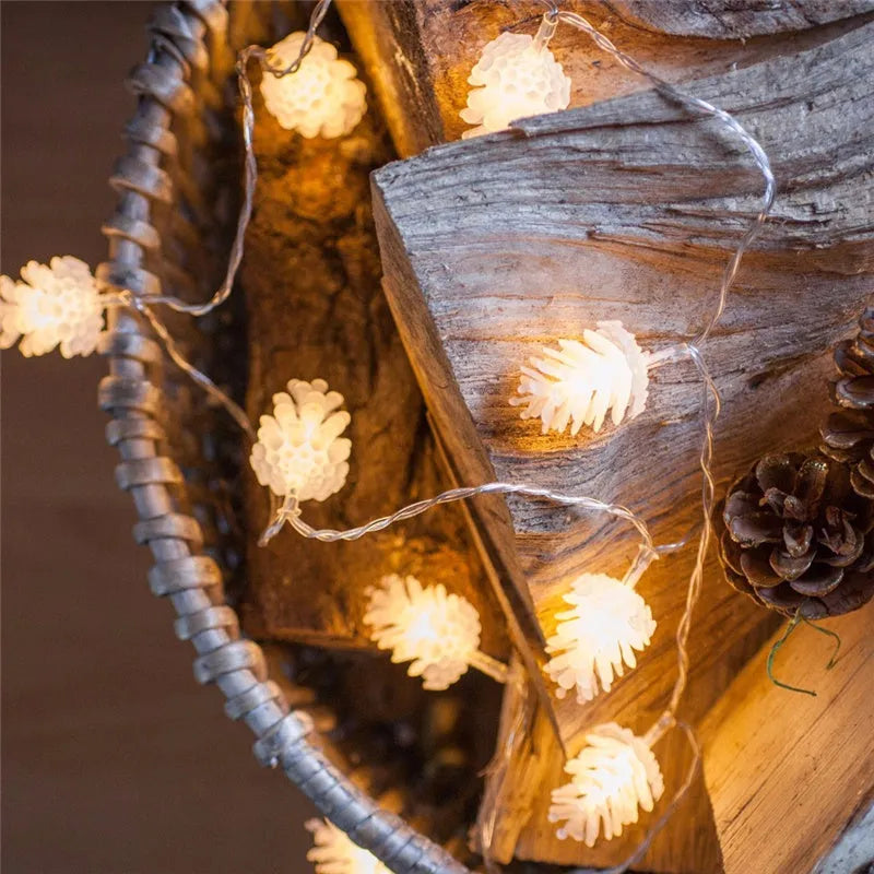 Warm white LED pine cone lights on a string, powered by batteries, for indoor and outdoor decoration.