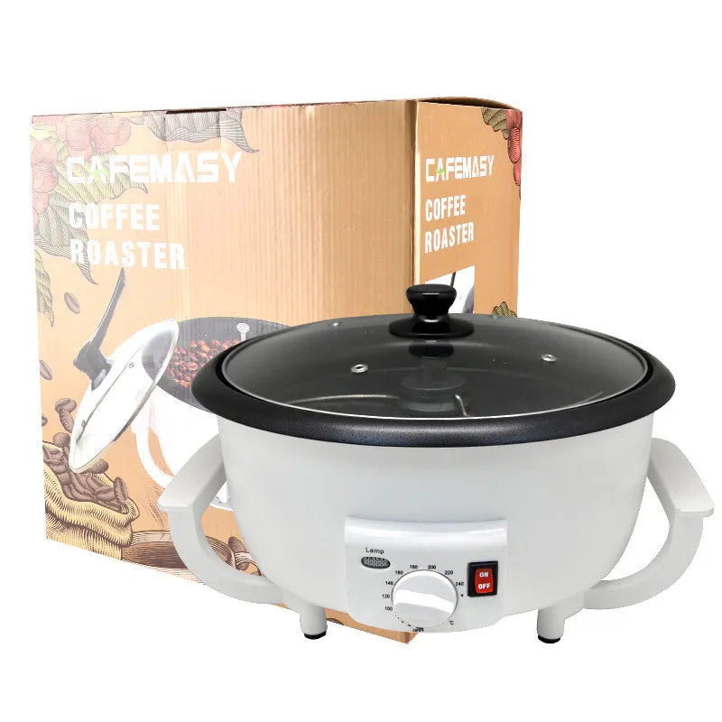 White oblate-shaped home coffee roasting machine with a 225mm base.
