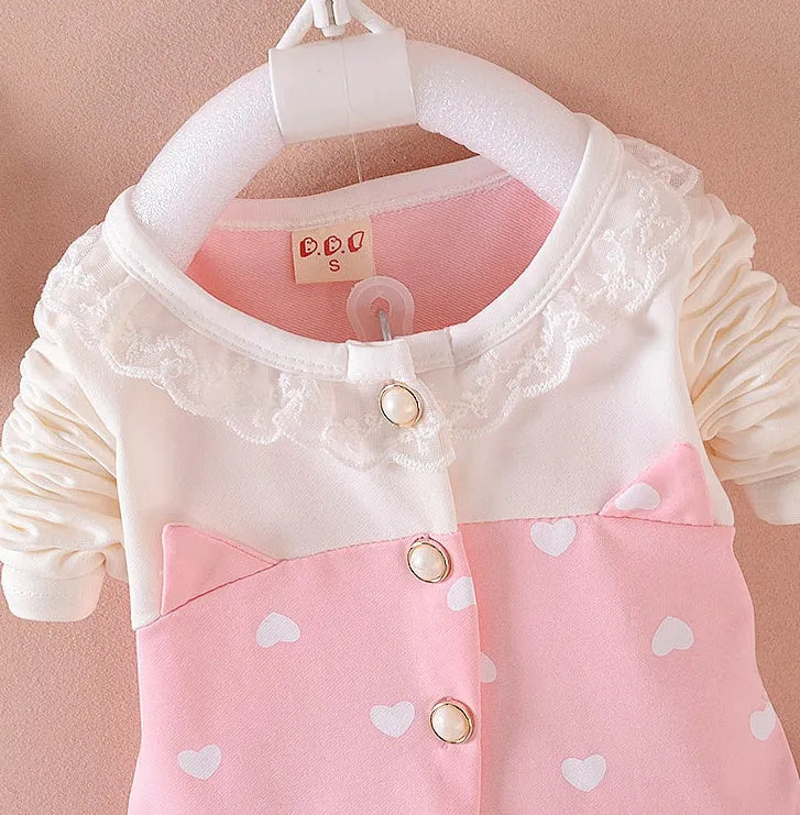 Baby girls cotton two-piece tracksuit set with top and long pants in rose red, pink, yellow and blue, sizes 80cm to 110cm.