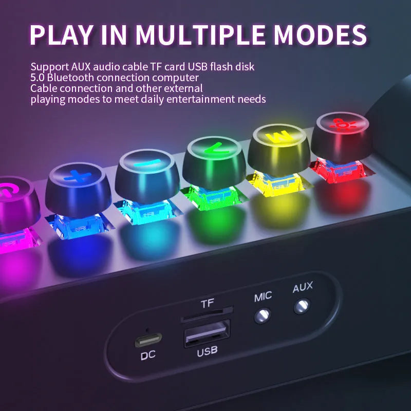 White RGB colourful e-sports Bluetooth speaker with plastic shell, built-in lithium battery, and mechanical buttons