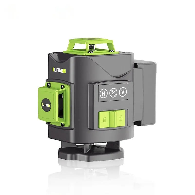 Green 16-line laser level tool with aluminium parts and nylon housing on a workbench.