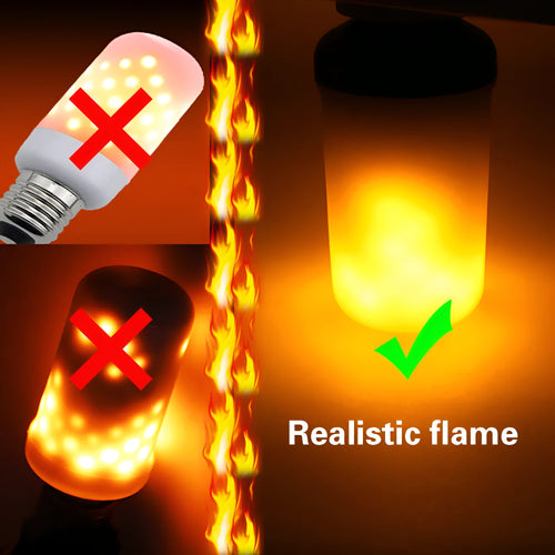Close-up of a flame effect LED light bulb emitting a warm, flickering orange glow.