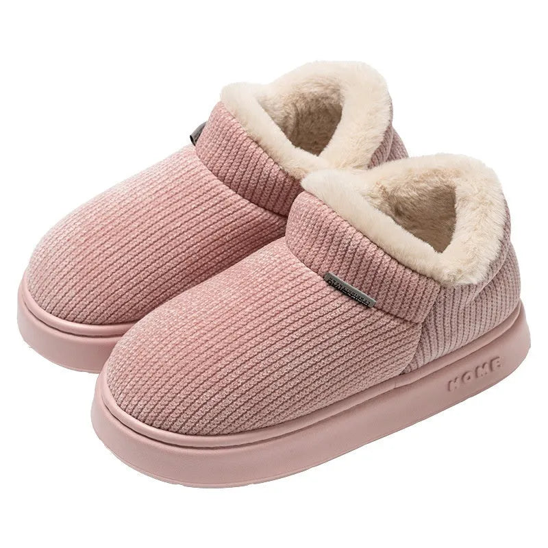 Ankle wrap cotton slippers in green with plush upper and EVA non-slip sole