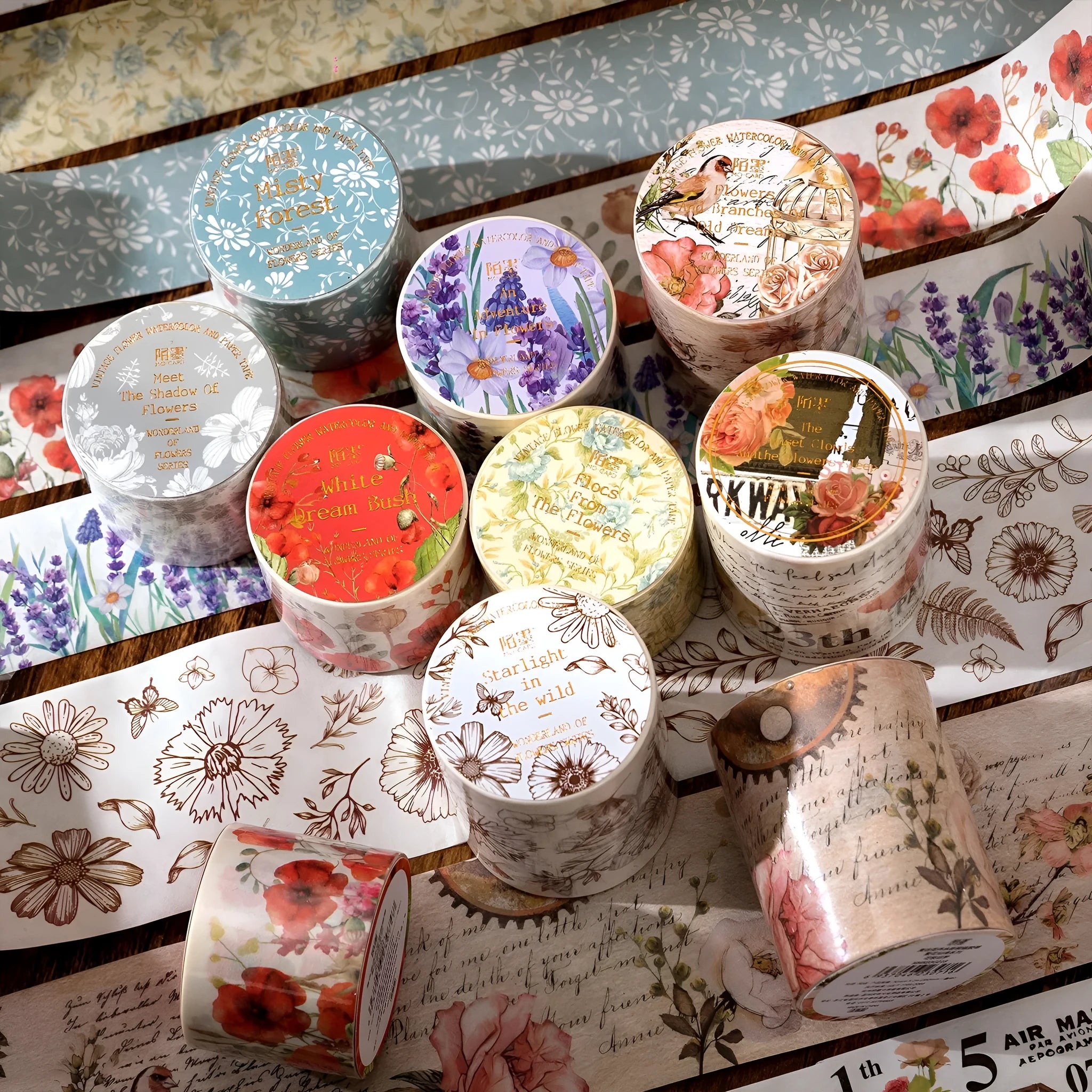 Japanese washi paper decorative adhesive tape roll with vintage floral watercolour design, showing 2 metre length and width options