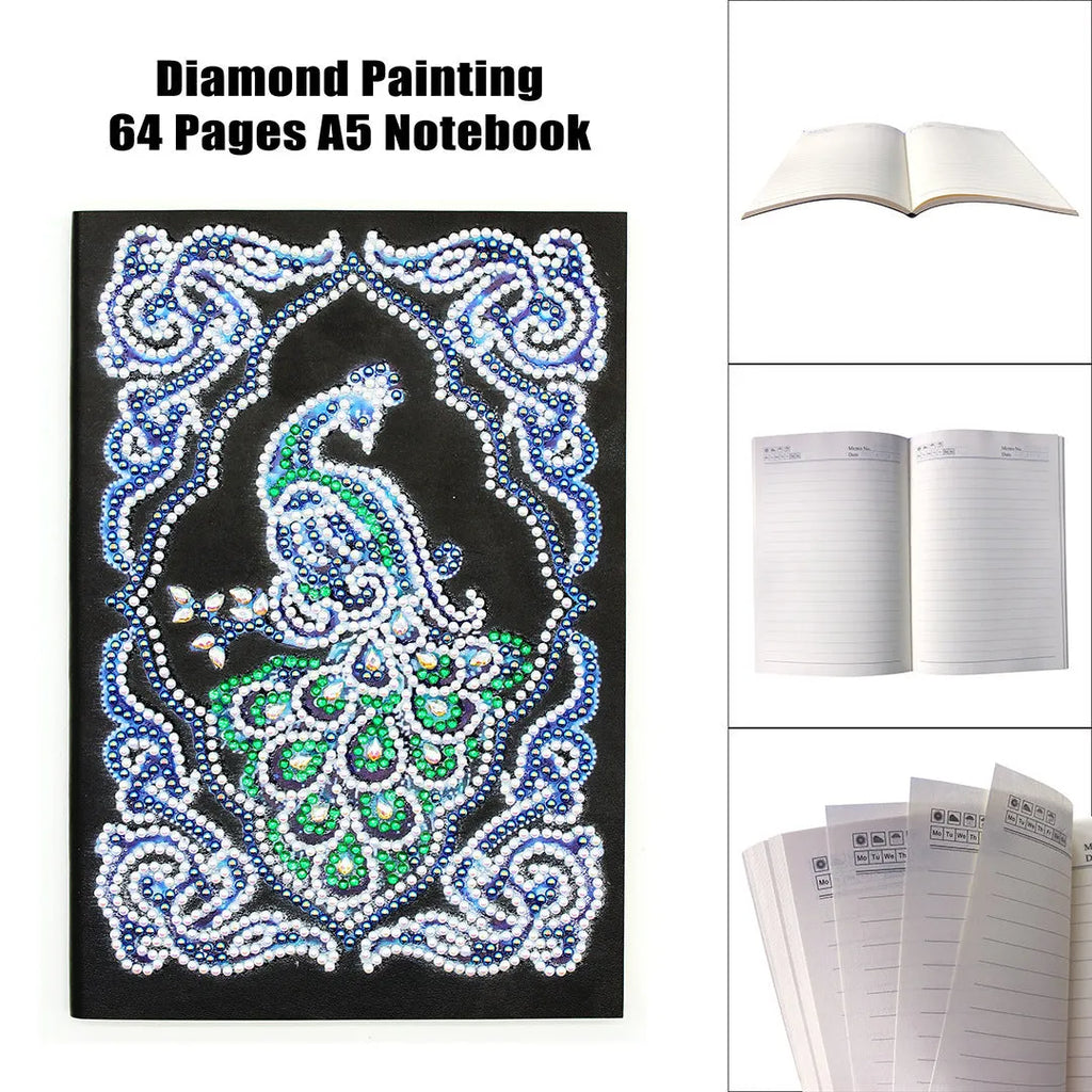 A5 diamond painting notebook with peacock design using shaped and bright drill crystals
