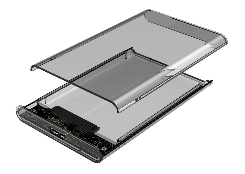 Transparent hard disk box enclosure in PC material for 2TB to 4TB SATA drives, USB to SATA, 131mm x 80mm x 13mm