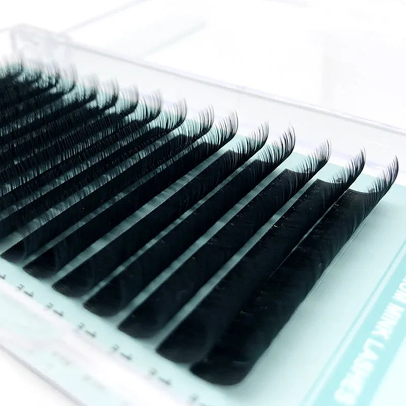Soft velvet false eyelashes showing range of curl types and lengths from 7mm to 15mm.