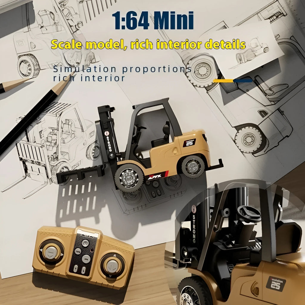 1:64 scale alloy remote control forklift model with Bluetooth controller and cargo accessories
