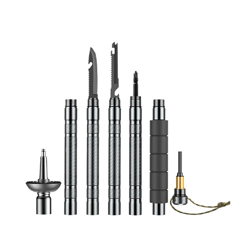 Dark grey adjustable aluminium alloy trekking pole with tactical knife and whistle accessories