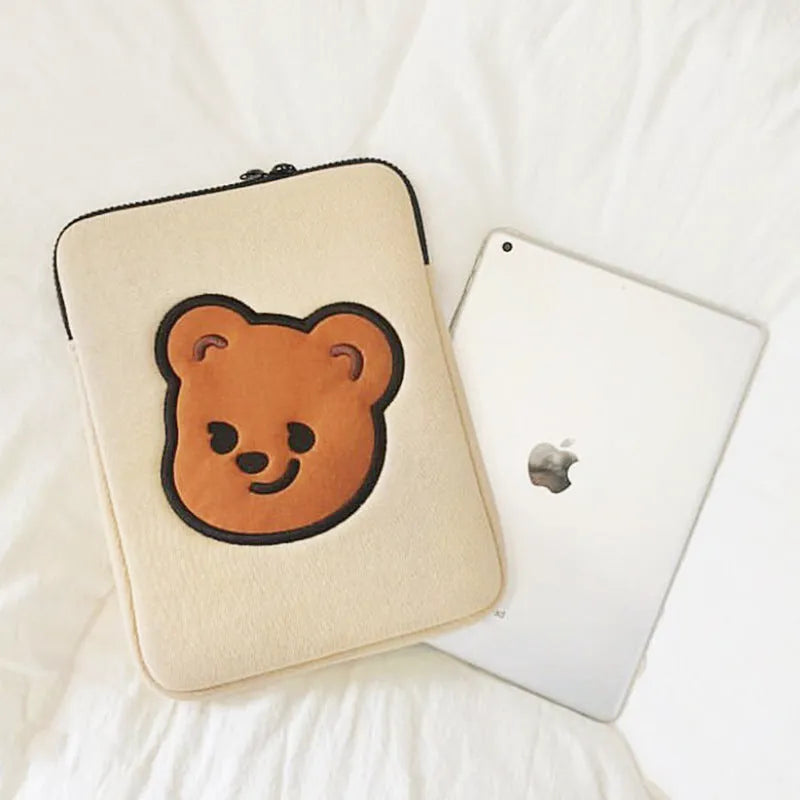 Cotton cloth notebook liner cover with zipper, cartoon cute animal pattern, for 11 inch tablets