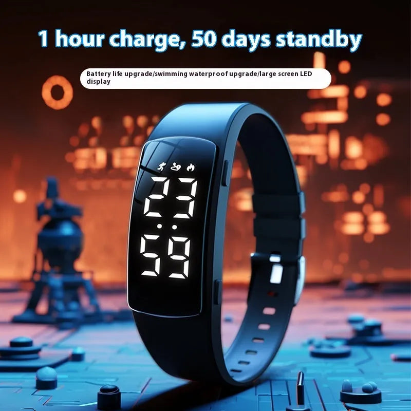 Smart waterproof electronic watch with vibration alarm on silicone strap, showing LED display and ABS case