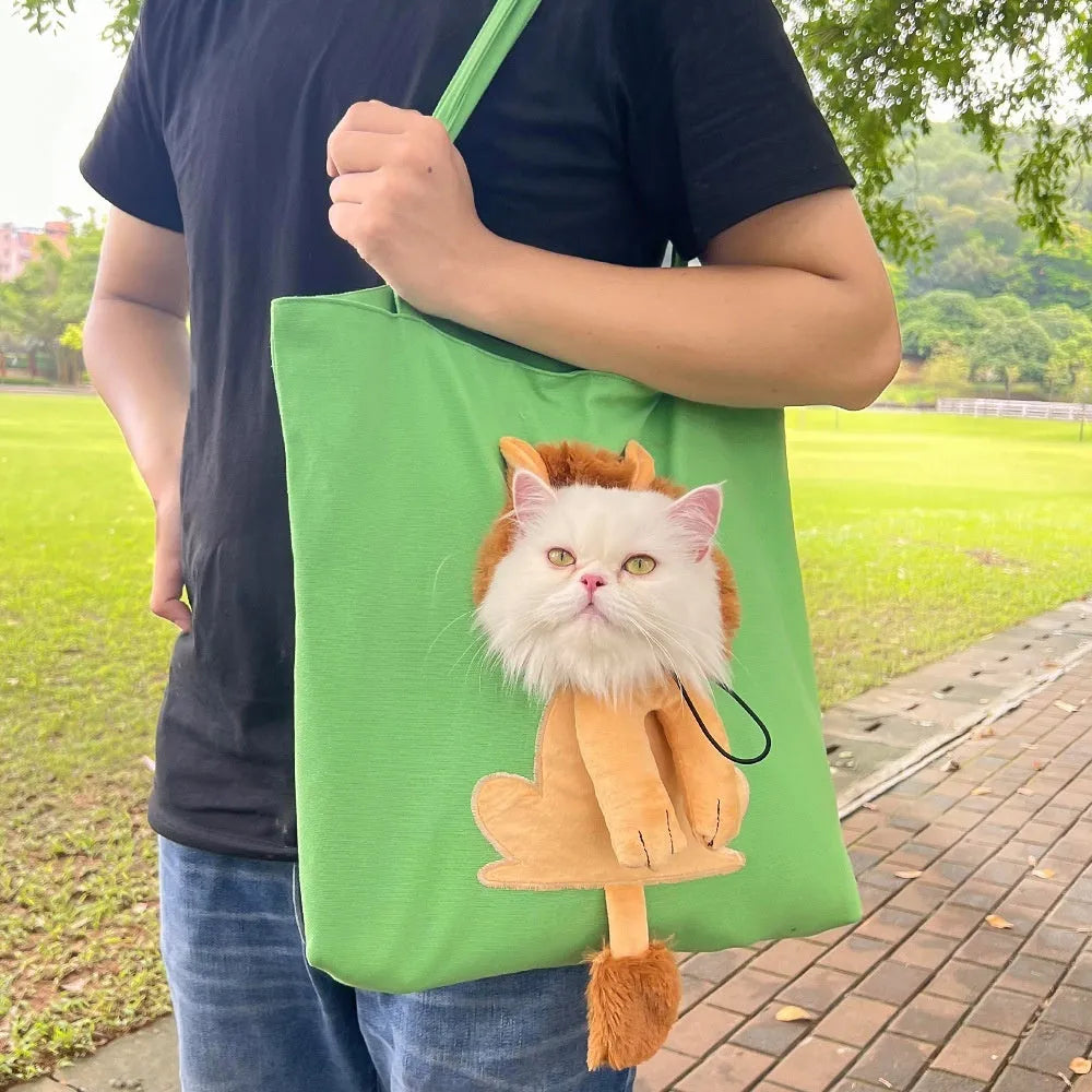 Canvas pet carrier shoulder backpack with cartoon pattern for small dog or cat transport.
