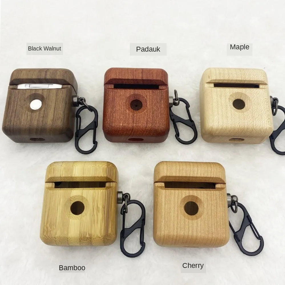 Solid wood earphone protective shell in Bamboo for AirPods 2nd generation wireless charging case with back-cover style.
