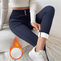 Navy blue women's high-waist casual trousers with straight-leg slim fit