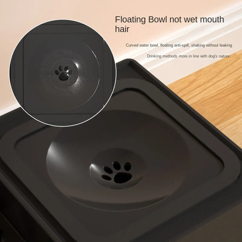 Adjustable dog bowl stand with stainless steel bowls in grey, set to middle height for a medium-sized dog