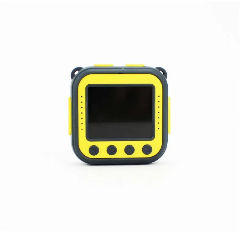 Yellow waterproof children's sports camera with 1.77-inch screen showing HD video recording capability