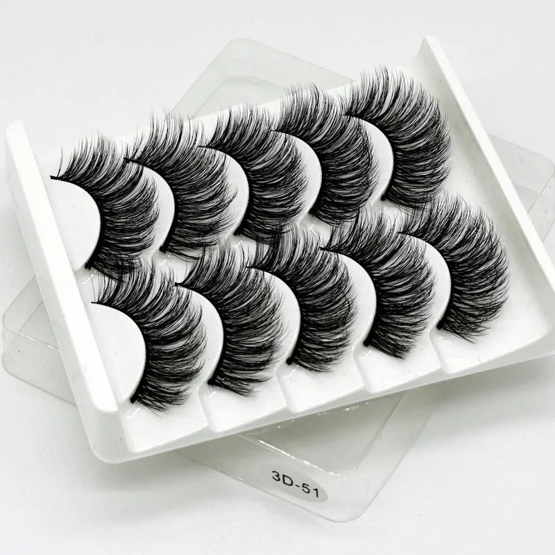 Handmade thick long natural false eyelashes in 3D fiber construction, pack of 5 pairs