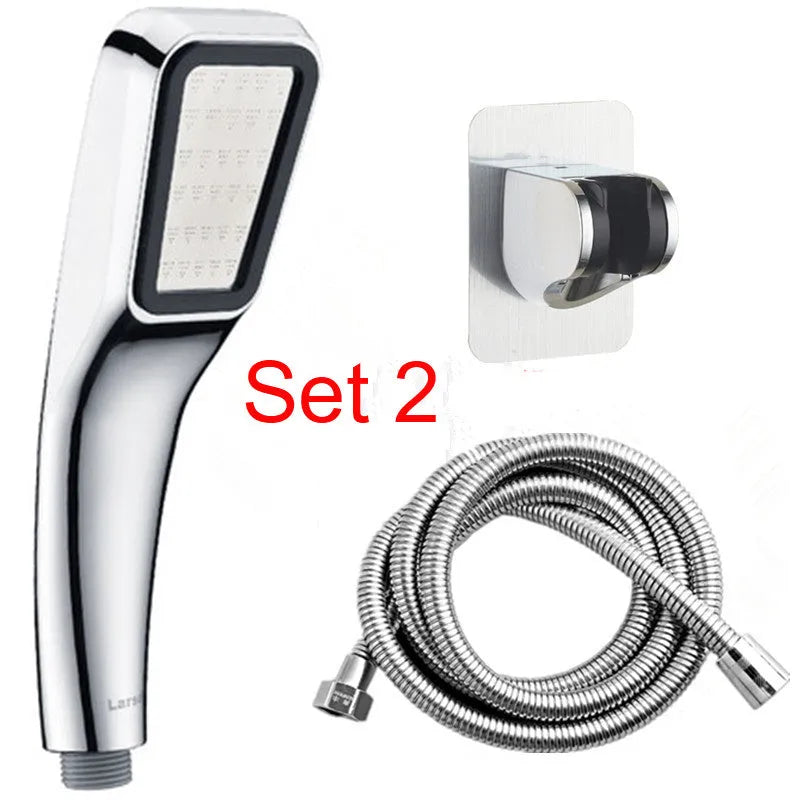 Orange hand-held pressurised shower set with rain function shower head and multiple components