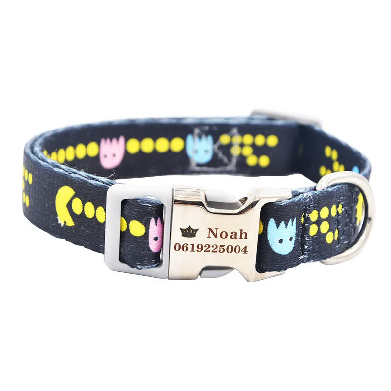 Custom dog collar with personalised lettering in black, available in three adjustable sizes for small to large dogs