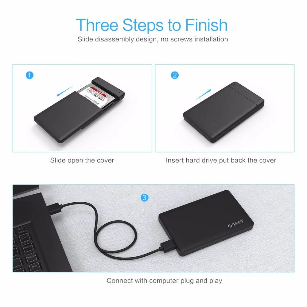 ORICO 2577U3 black ABS 2.5 inch SATA hard drive enclosure with USB 3.0 Micro B and SATA 3.0, 126.5 x 80 x 15mm