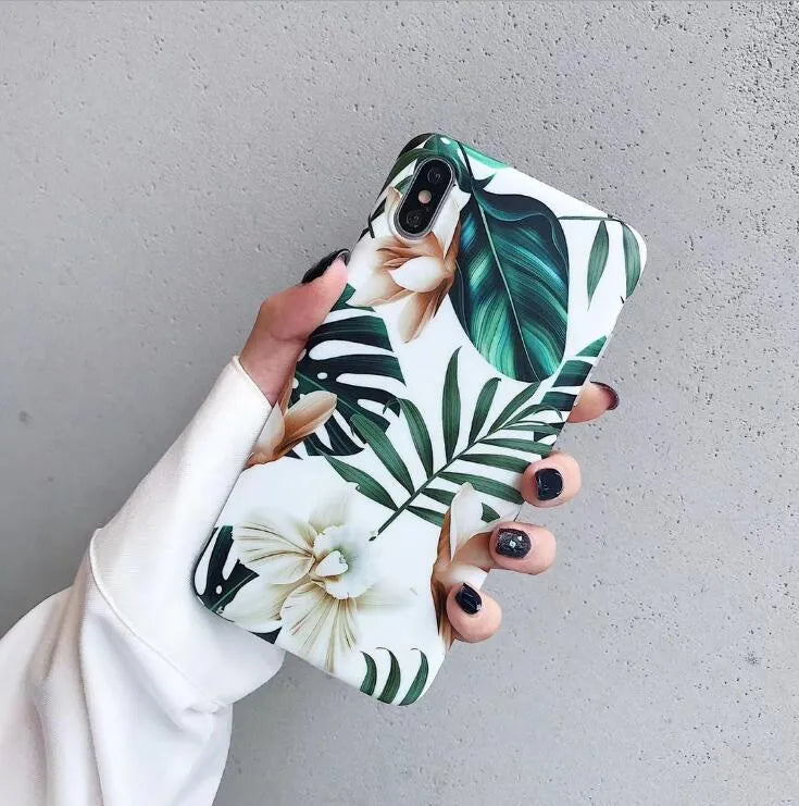 Retro banana leaf floral design TPU phone case in flower leaves colour for compatible iPhone models