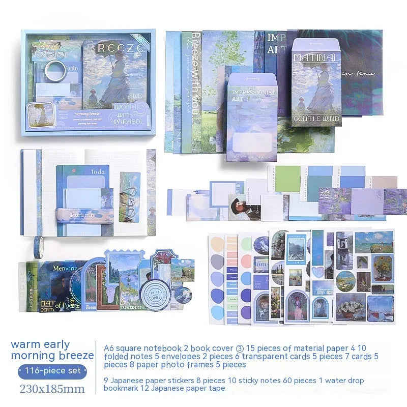Retro-style creative journal gift box open to show A6 grid notebook, material papers, cards, stickers, and a water drop bookmark.