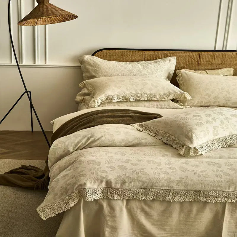 Cotton linen jacquard yarn-dyed four-piece bed sheet set in Optic Linen pattern, with quilt cover and pillowcases