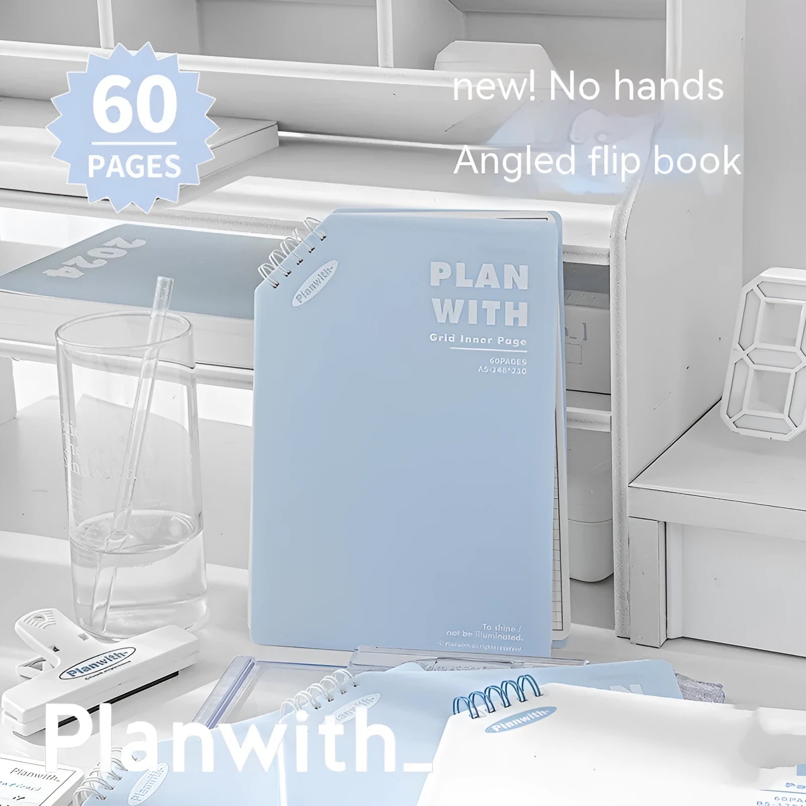 Oblique angle bound notebook in A5 or B5 size with a blue plaid or white cover, open to show pages.