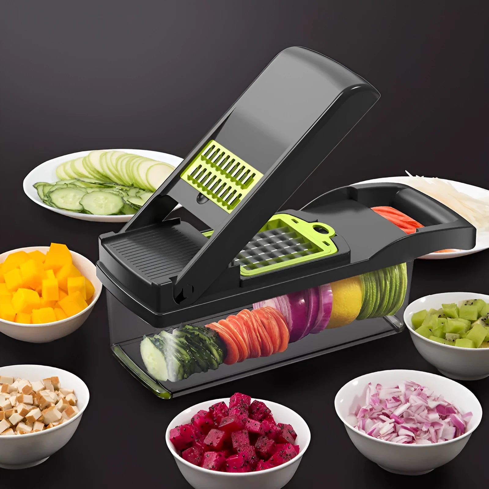 Multifunctional vegetable cutter with 7 stainless steel blades on a kitchen counter, compact 31.8 x 11.5 x 11.5 cm size