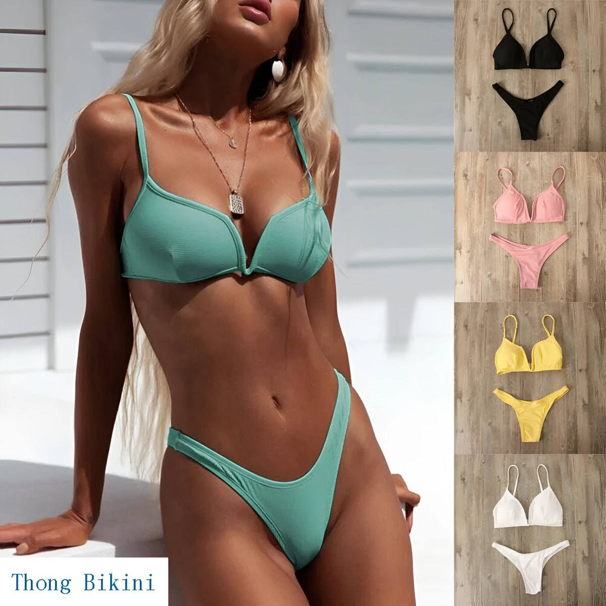 Thong bikini women swimsuit polyester low waist with side tie in black colour