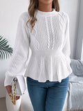Twist waist trimming ruffles long sleeve pullover in white, wine red, and pink, available in sizes S to XL