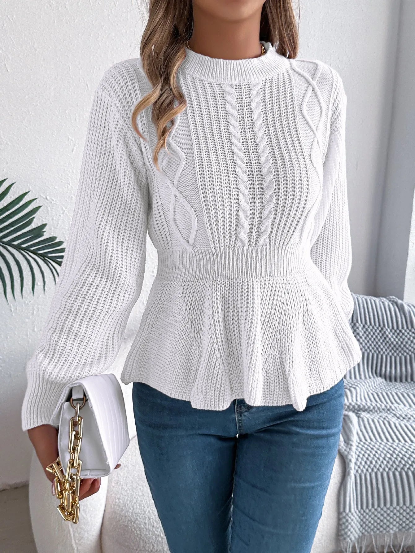 Twist waist trimming ruffles long sleeve pullover in white, wine red, and pink, available in sizes S to XL