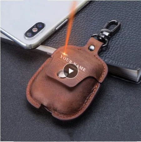 Crazy horse cowhide leather AirPods cover with keychain and charging hole, 6.8cm x 12.3cm, in blue, brown, coffee, or red.