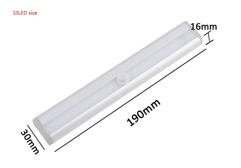 Aluminium LED closet light with magnetic back, shown illuminating a wardrobe interior.