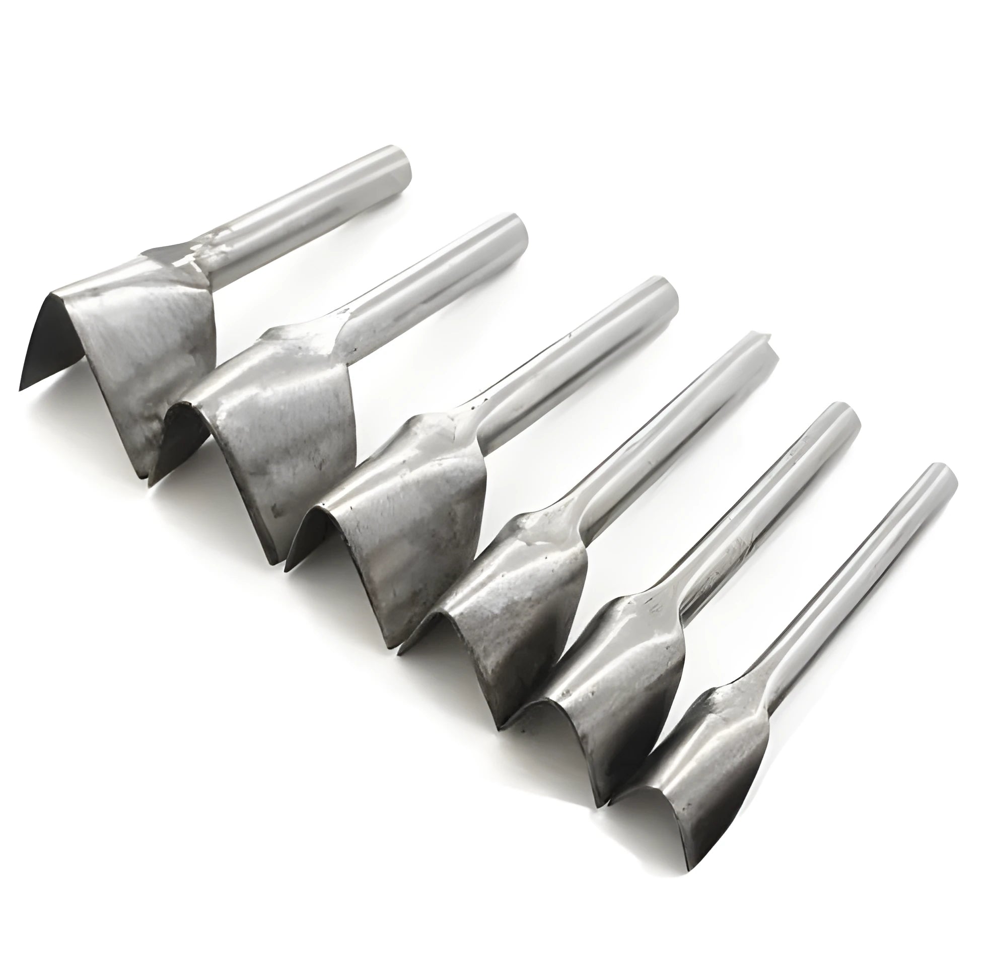Six steel leather craft punch tools in half-round and V shapes ranging from 15mm to 40mm sizes
