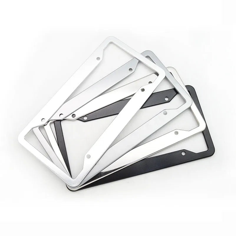 Aluminium alloy car licence plate frame in black, grey, silver and stainless steel finishes.