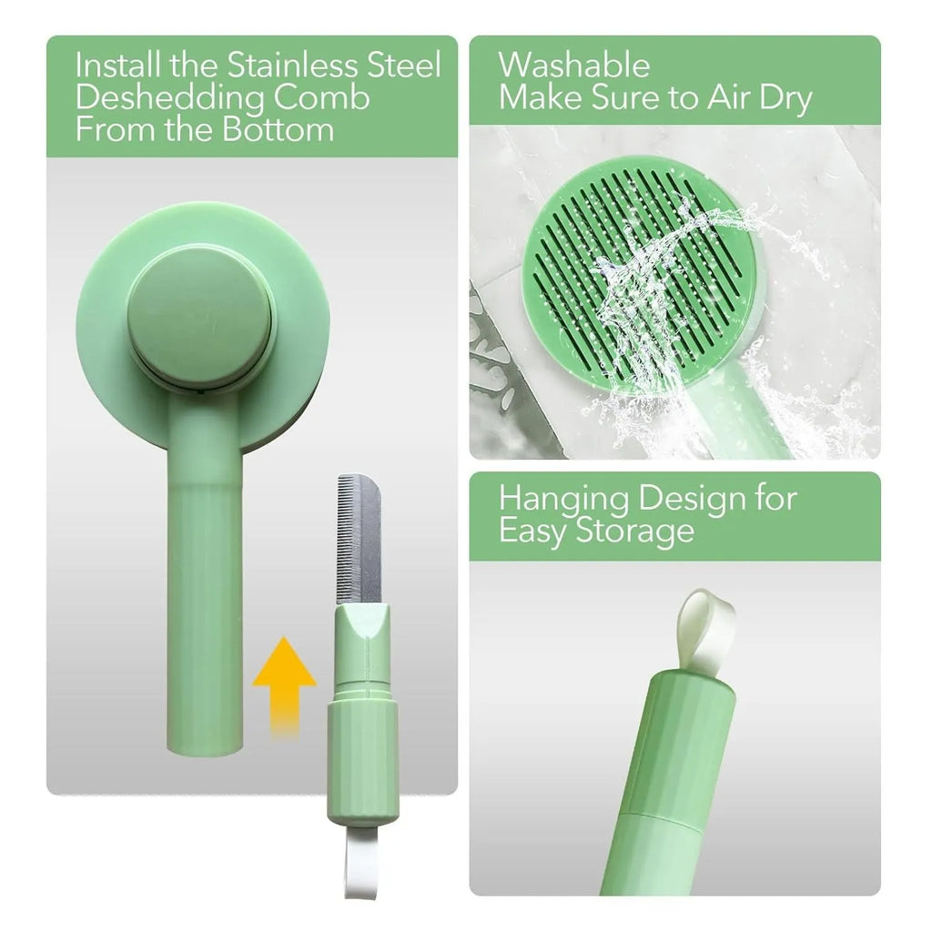 Green and yellow pet grooming brush with stainless steel teeth for deshedding cats and dogs