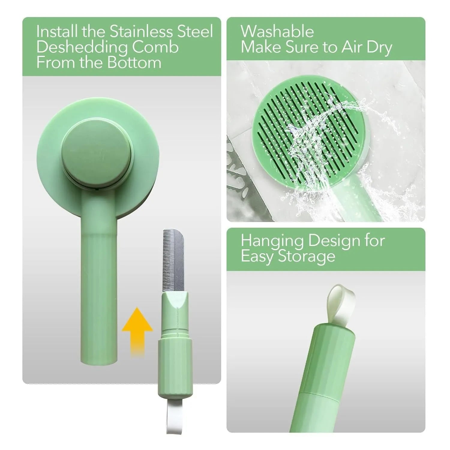 Green and yellow pet grooming brush with stainless steel teeth for deshedding cats and dogs